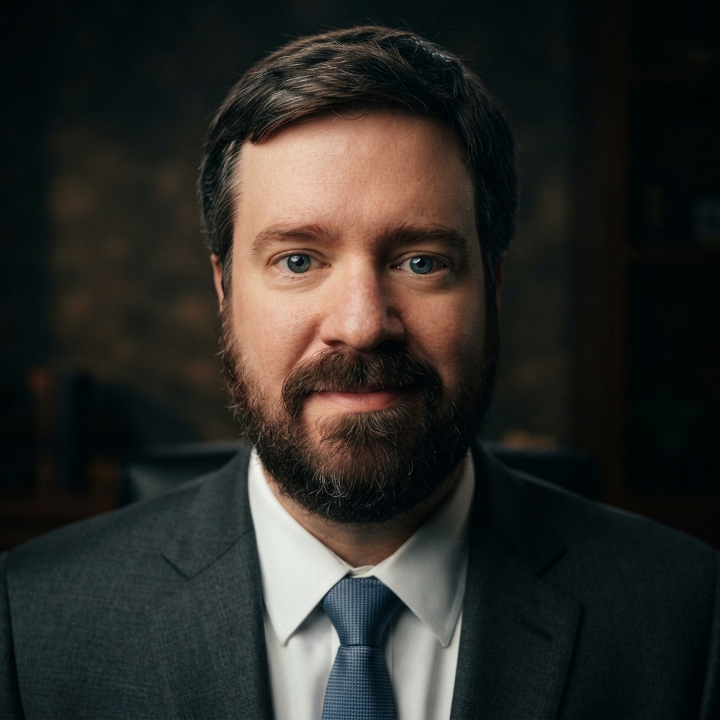 Portrait of Chris MacDonald in a gray suit and blue tie
