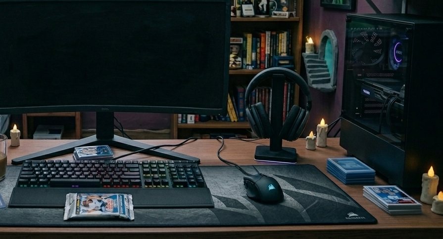 The RipNFlip desk scene: monitor, keyboard, card packs and a stack of cards