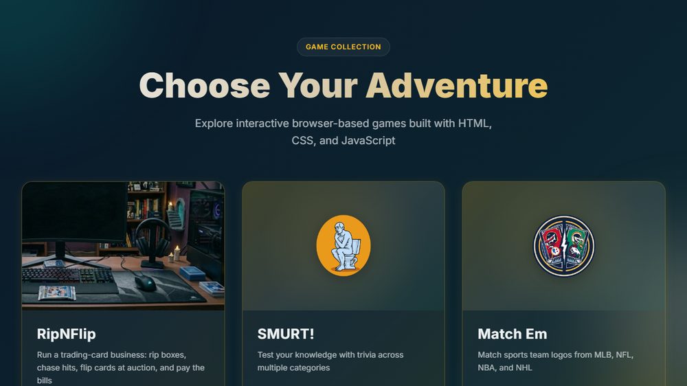 The Games Hub launcher showing game cards for RipNFlip, SMURT! and Match Em